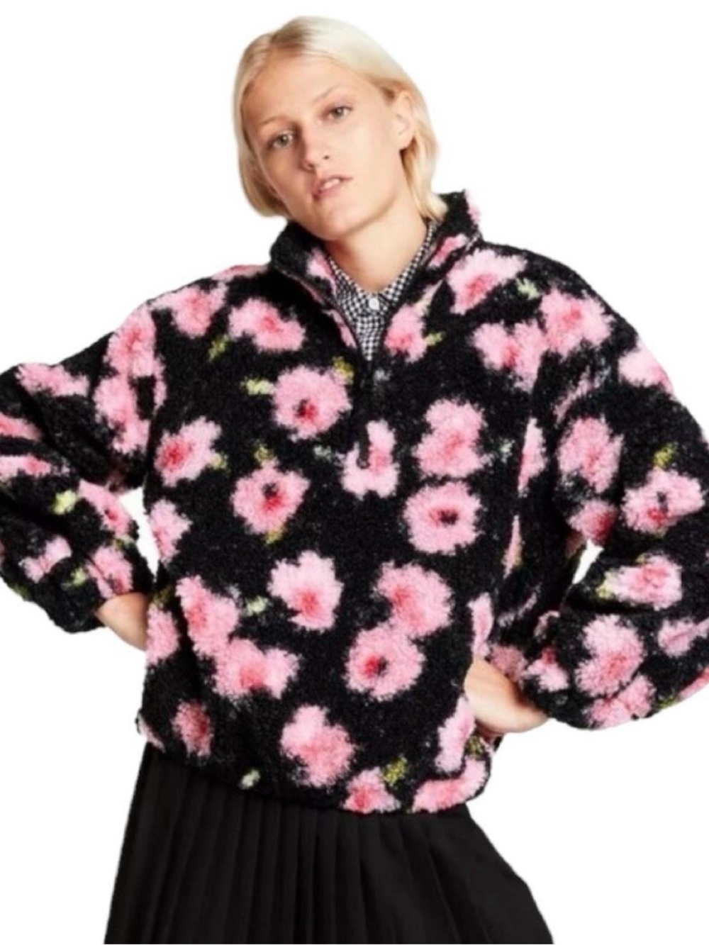 Sandy Liang Black Teddy Jacket with Pink Floral Print